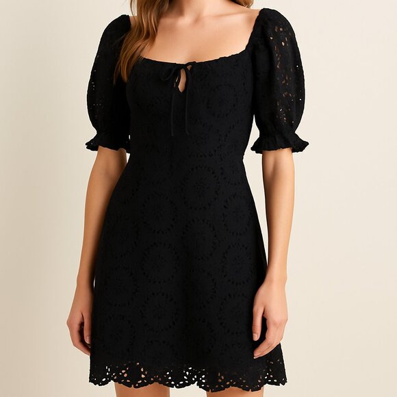 7 For All Mankind Black Puff Sleeve Eyelet Dress 100% Cotton Medium Cottagecore - Picture 1 of 9
